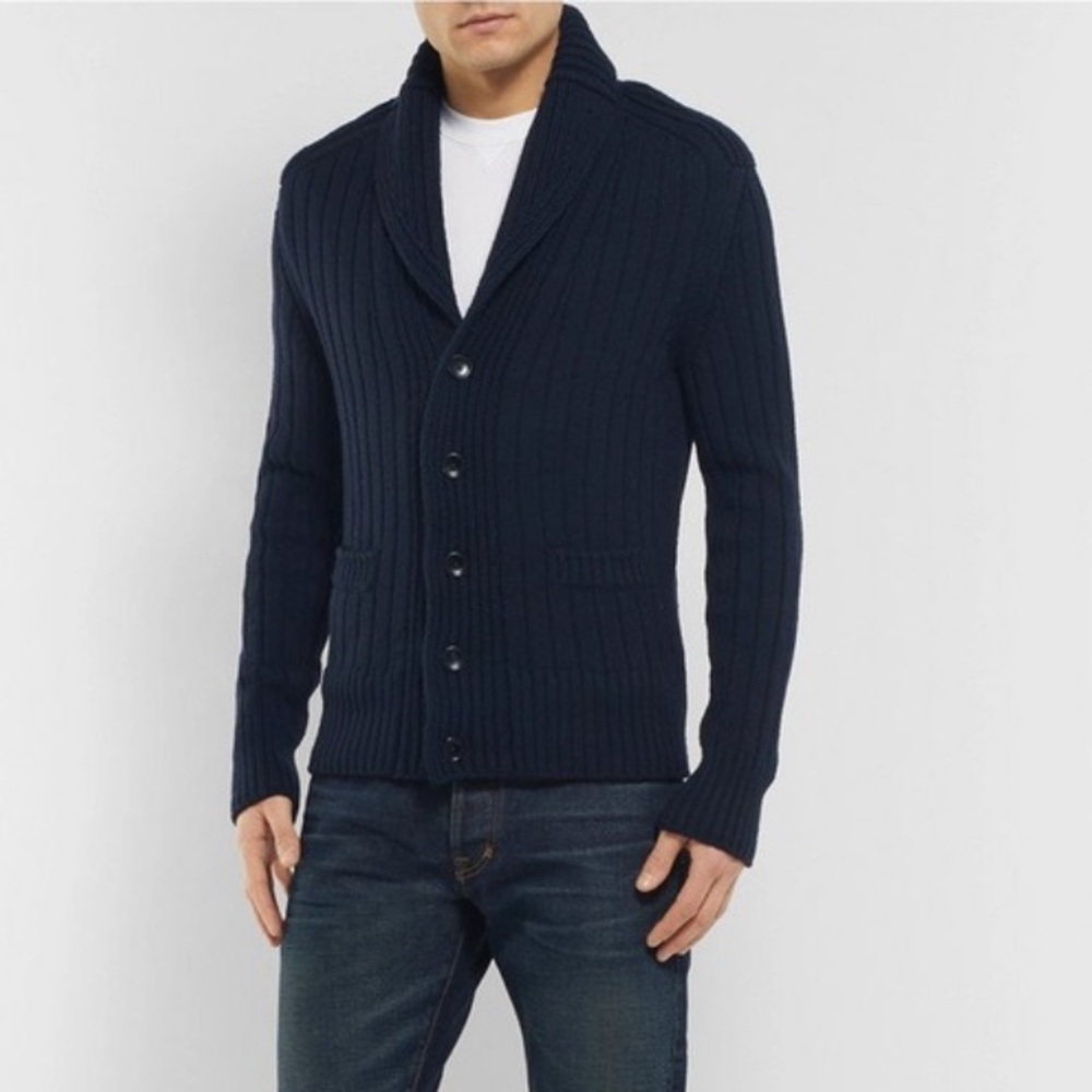 Tom Ford Steve McQueen Navy Shawl Collar Ribbed Merino Wool Cardigan Sweater
